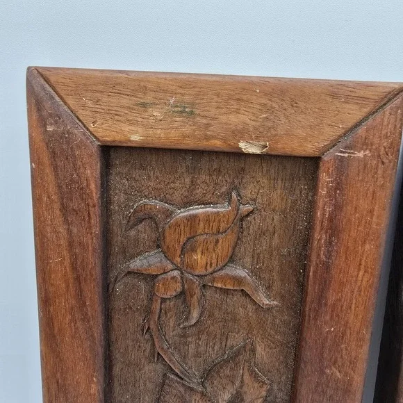 2 Antique Vtg Handcarved Wooden Panel Upcycled Plant Flower Wall Hangings